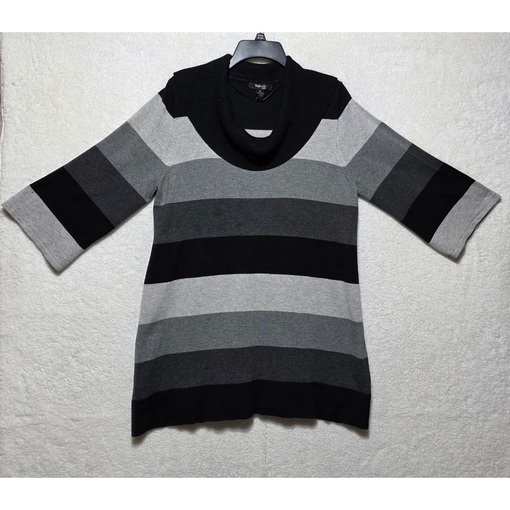 Style & Co Petite Striped Cowl Neck Sweater Knit Top XL 3/4 Sleeve Gray Black - Picture 1 of 8
